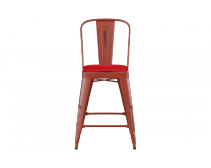 BLNK Carly Commercial Metal Indoor-Outdoor Counter Height Stool with Poly Resin Wood Seat - Kelly Red/Red