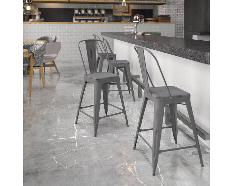 BLNK Carly Commercial Metal Distressed Indoor-Outdoor Counter Height Stool - Silver Gray