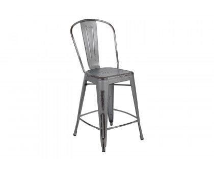 BLNK Carly Commercial Metal Distressed Indoor-Outdoor Counter Height Stool - Silver Gray