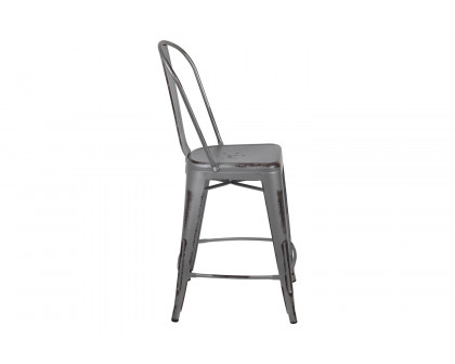 BLNK Carly Commercial Metal Distressed Indoor-Outdoor Counter Height Stool - Silver Gray