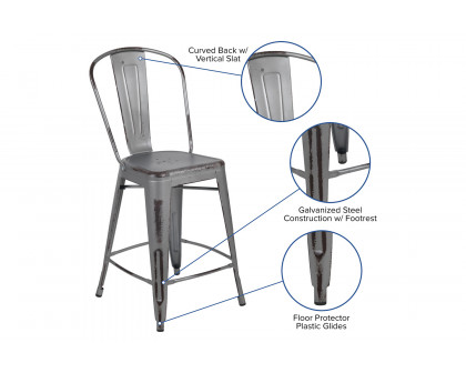 BLNK Carly Commercial Metal Distressed Indoor-Outdoor Counter Height Stool - Silver Gray