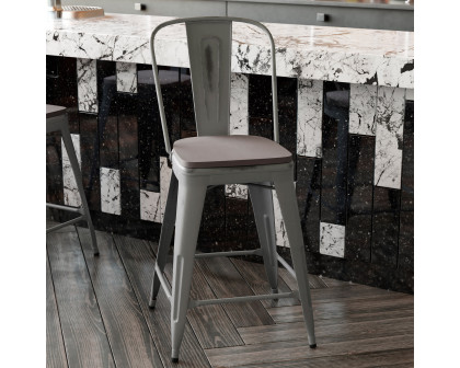 BLNK Carly Commercial Metal Indoor-Outdoor Counter Height Stool with Poly Resin Wood Seat - Silver Gray/Gray