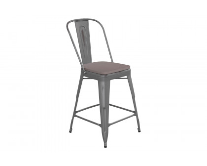 BLNK Carly Commercial Metal Indoor-Outdoor Counter Height Stool with Poly Resin Wood Seat - Silver Gray/Gray