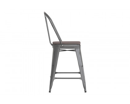 BLNK Carly Commercial Metal Indoor-Outdoor Counter Height Stool with Poly Resin Wood Seat - Silver Gray/Gray