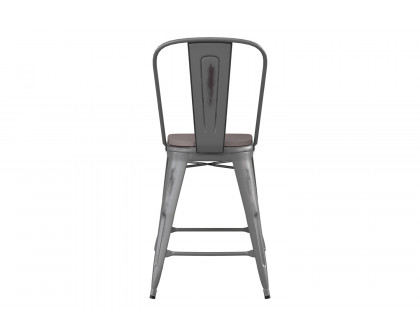 BLNK Carly Commercial Metal Indoor-Outdoor Counter Height Stool with Poly Resin Wood Seat - Silver Gray/Gray