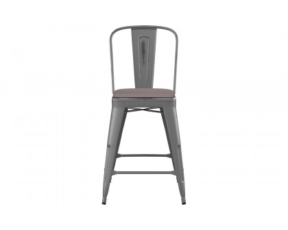 BLNK Carly Commercial Metal Indoor-Outdoor Counter Height Stool with Poly Resin Wood Seat - Silver Gray/Gray