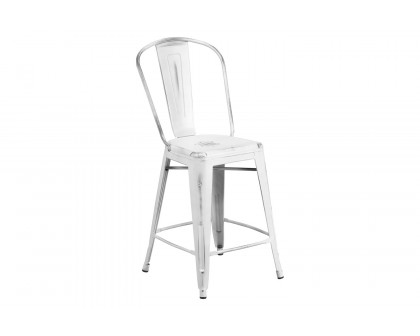 BLNK Carly Commercial Metal Distressed Indoor-Outdoor Counter Height Stool - White