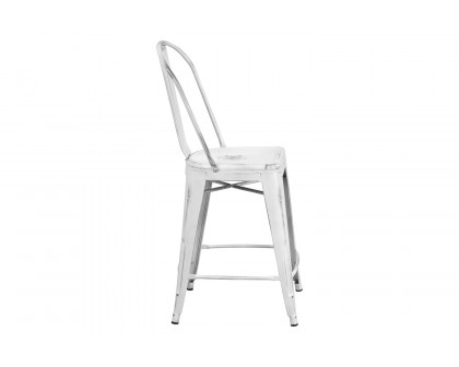 BLNK Carly Commercial Metal Distressed Indoor-Outdoor Counter Height Stool - White