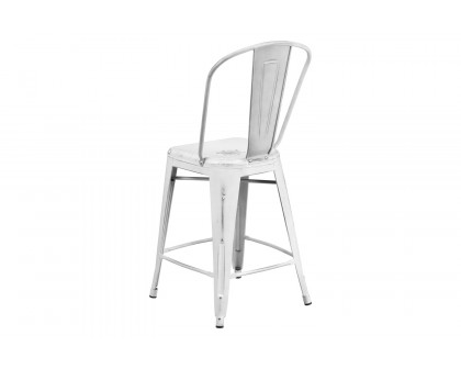 BLNK Carly Commercial Metal Distressed Indoor-Outdoor Counter Height Stool - White