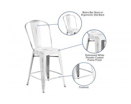 BLNK Carly Commercial Metal Distressed Indoor-Outdoor Counter Height Stool - White