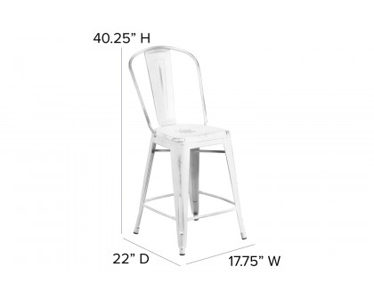 BLNK Carly Commercial Metal Distressed Indoor-Outdoor Counter Height Stool - White