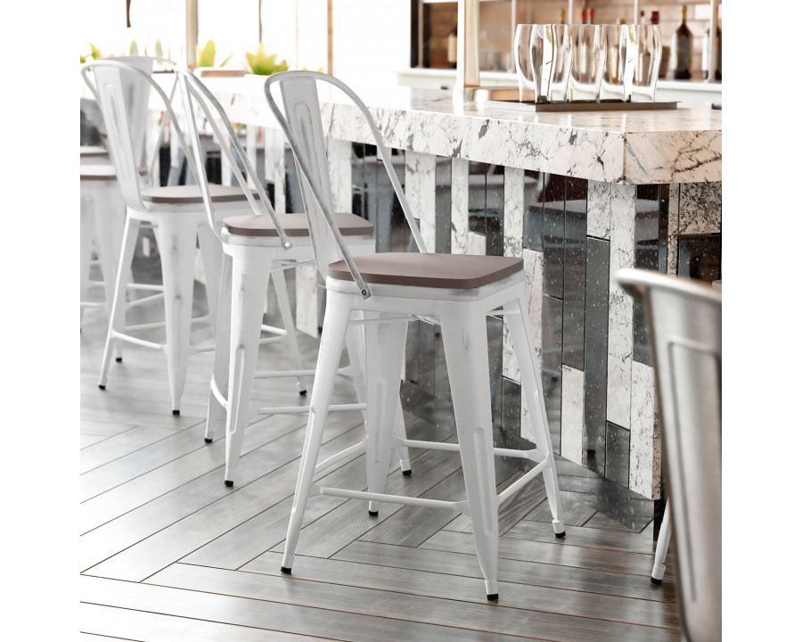 BLNK Carly Commercial Metal Indoor-Outdoor Counter Height Stool with Poly Resin Wood Seat - White/Gray