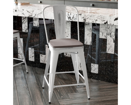 BLNK Carly Commercial Metal Indoor-Outdoor Counter Height Stool with Poly Resin Wood Seat - White/Gray