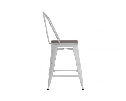 BLNK Carly Commercial Metal Indoor-Outdoor Counter Height Stool with Poly Resin Wood Seat - White/Gray