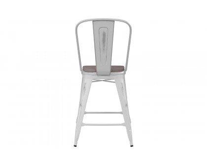 BLNK Carly Commercial Metal Indoor-Outdoor Counter Height Stool with Poly Resin Wood Seat - White/Gray