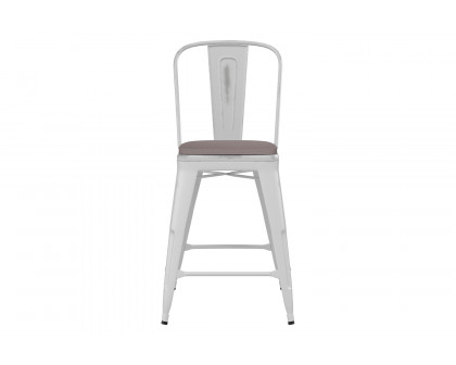 BLNK Carly Commercial Metal Indoor-Outdoor Counter Height Stool with Poly Resin Wood Seat - White/Gray