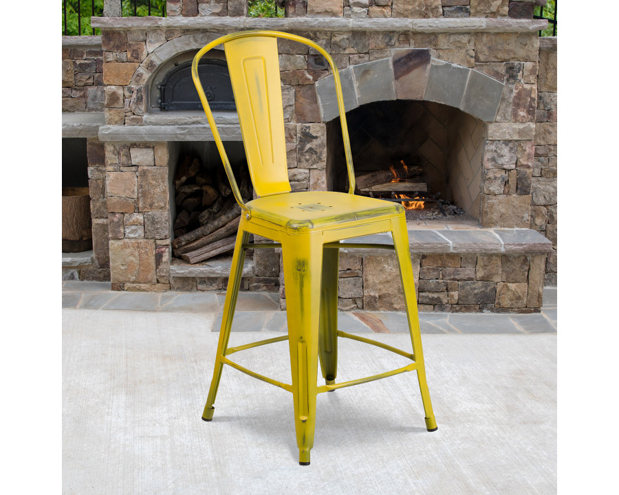 BLNK Carly Commercial Metal Distressed Indoor-Outdoor Counter Height Stool - Yellow