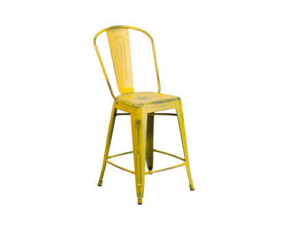 BLNK Carly Commercial Metal Distressed Indoor-Outdoor Counter Height Stool - Yellow