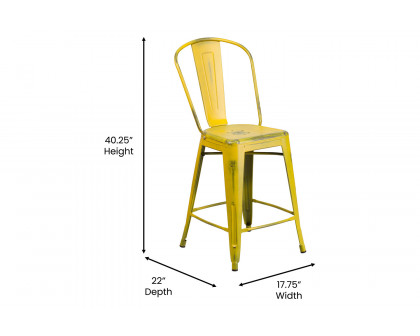 BLNK Carly Commercial Metal Distressed Indoor-Outdoor Counter Height Stool - Yellow