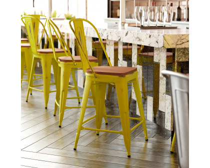 BLNK Carly Commercial Metal Indoor-Outdoor Counter Height Stool with Poly Resin Wood Seat