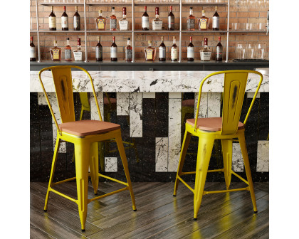 BLNK Carly Commercial Metal Indoor-Outdoor Counter Height Stool with Poly Resin Wood Seat - Yellow/Teak