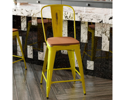 BLNK Carly Commercial Metal Indoor-Outdoor Counter Height Stool with Poly Resin Wood Seat - Yellow/Teak