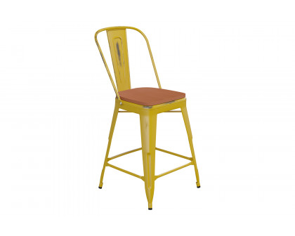 BLNK Carly Commercial Metal Indoor-Outdoor Counter Height Stool with Poly Resin Wood Seat - Yellow/Teak