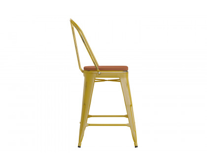 BLNK Carly Commercial Metal Indoor-Outdoor Counter Height Stool with Poly Resin Wood Seat - Yellow/Teak