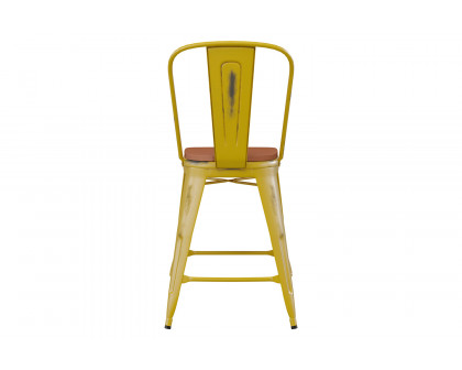 BLNK Carly Commercial Metal Indoor-Outdoor Counter Height Stool with Poly Resin Wood Seat - Yellow/Teak