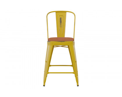 BLNK Carly Commercial Metal Indoor-Outdoor Counter Height Stool with Poly Resin Wood Seat - Yellow/Teak