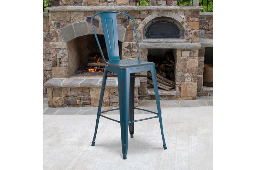 BLNK™ Cindy Commercial Metal Distressed Indoor-Outdoor Bar Stool with Back - Antique Blue