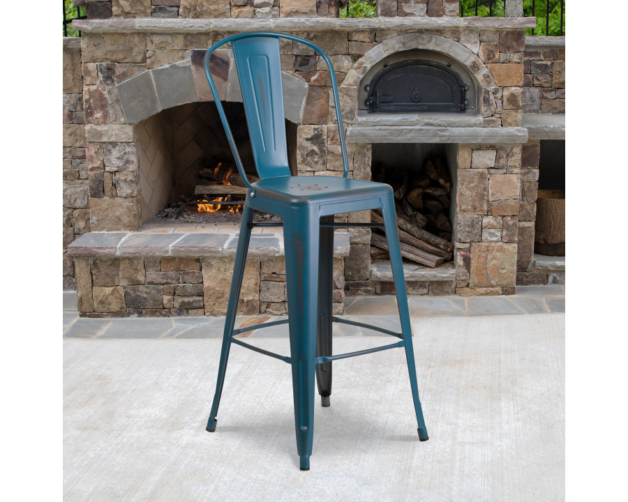 BLNK Cindy Commercial Metal Distressed Indoor-Outdoor Bar Stool with Back - Antique Blue