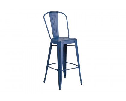 BLNK™ Cindy Commercial Metal Distressed Indoor-Outdoor Bar Stool with Back - Antique Blue