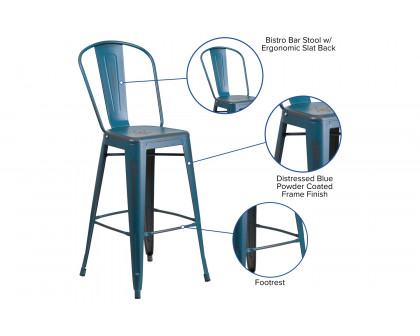 BLNK™ Cindy Commercial Metal Distressed Indoor-Outdoor Bar Stool with Back - Antique Blue