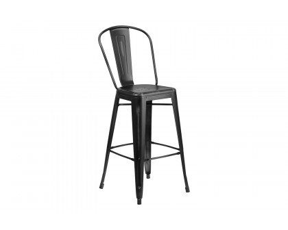 BLNK Cindy Commercial Metal Distressed Indoor-Outdoor Bar Stool with Back - Black