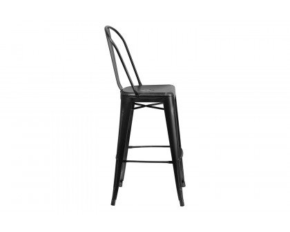 BLNK Cindy Commercial Metal Distressed Indoor-Outdoor Bar Stool with Back - Black