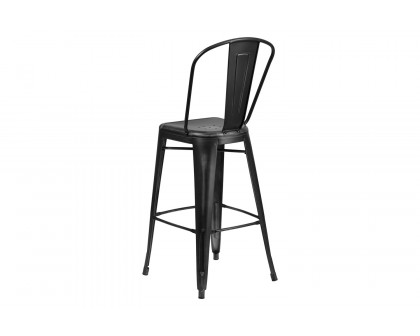 BLNK Cindy Commercial Metal Distressed Indoor-Outdoor Bar Stool with Back - Black