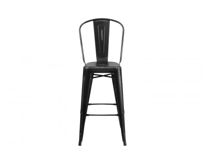 BLNK Cindy Commercial Metal Distressed Indoor-Outdoor Bar Stool with Back - Black