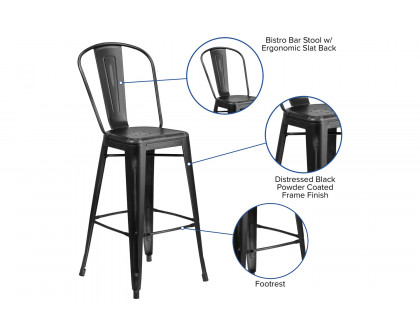 BLNK Cindy Commercial Metal Distressed Indoor-Outdoor Bar Stool with Back - Black