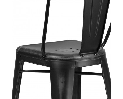 BLNK Cindy Commercial Metal Distressed Indoor-Outdoor Bar Stool with Back - Black