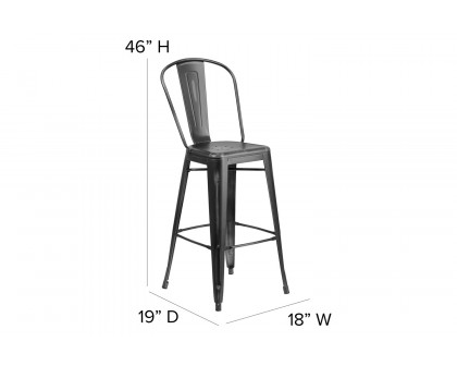 BLNK Cindy Commercial Metal Distressed Indoor-Outdoor Bar Stool with Back - Black