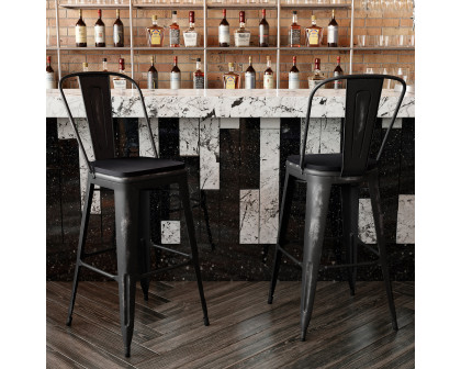 BLNK Carly Commercial Metal Indoor-Outdoor Bar Stool with Back with Poly Resin Wood Seat - Black