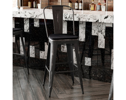 BLNK Carly Commercial Metal Indoor-Outdoor Bar Stool with Back with Poly Resin Wood Seat - Black