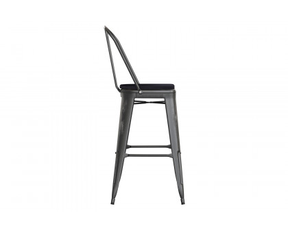 BLNK Carly Commercial Metal Indoor-Outdoor Bar Stool with Back with Poly Resin Wood Seat - Black