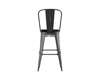 BLNK Carly Commercial Metal Indoor-Outdoor Bar Stool with Back with Poly Resin Wood Seat - Black