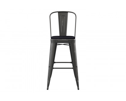 BLNK Carly Commercial Metal Indoor-Outdoor Bar Stool with Back with Poly Resin Wood Seat - Black