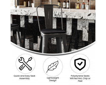 BLNK Carly Commercial Metal Indoor-Outdoor Bar Stool with Back with Poly Resin Wood Seat - Black