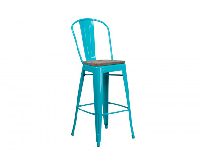 BLNK Cindy Metal Bar Stool with Back and Wood Seat - Crystal Teal/Blue