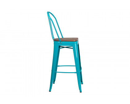 BLNK Cindy Metal Bar Stool with Back and Wood Seat - Crystal Teal/Blue