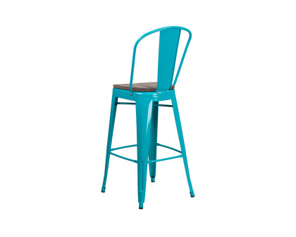 BLNK Cindy Metal Bar Stool with Back and Wood Seat - Crystal Teal/Blue